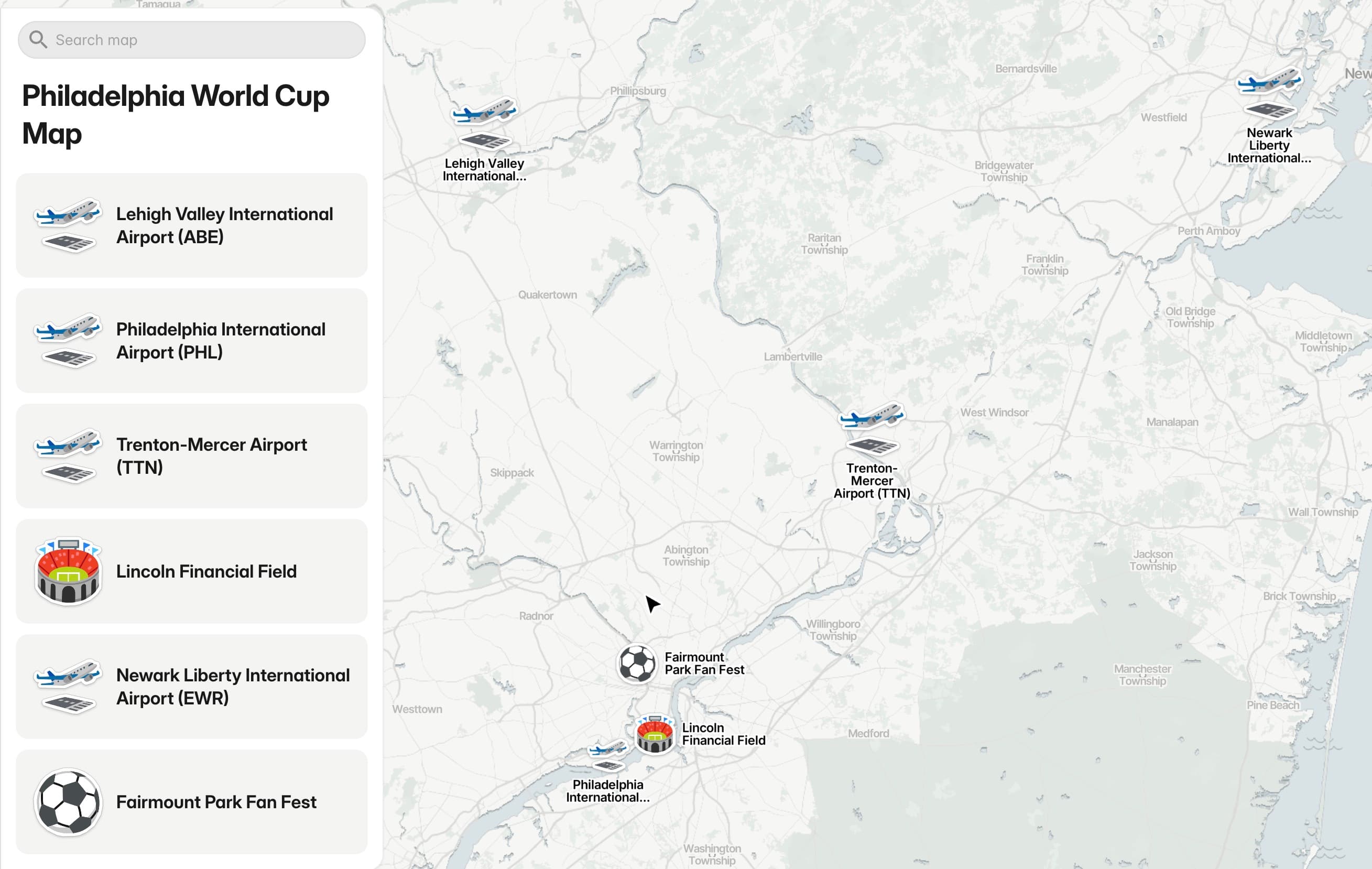 Philadelphia World Cup map