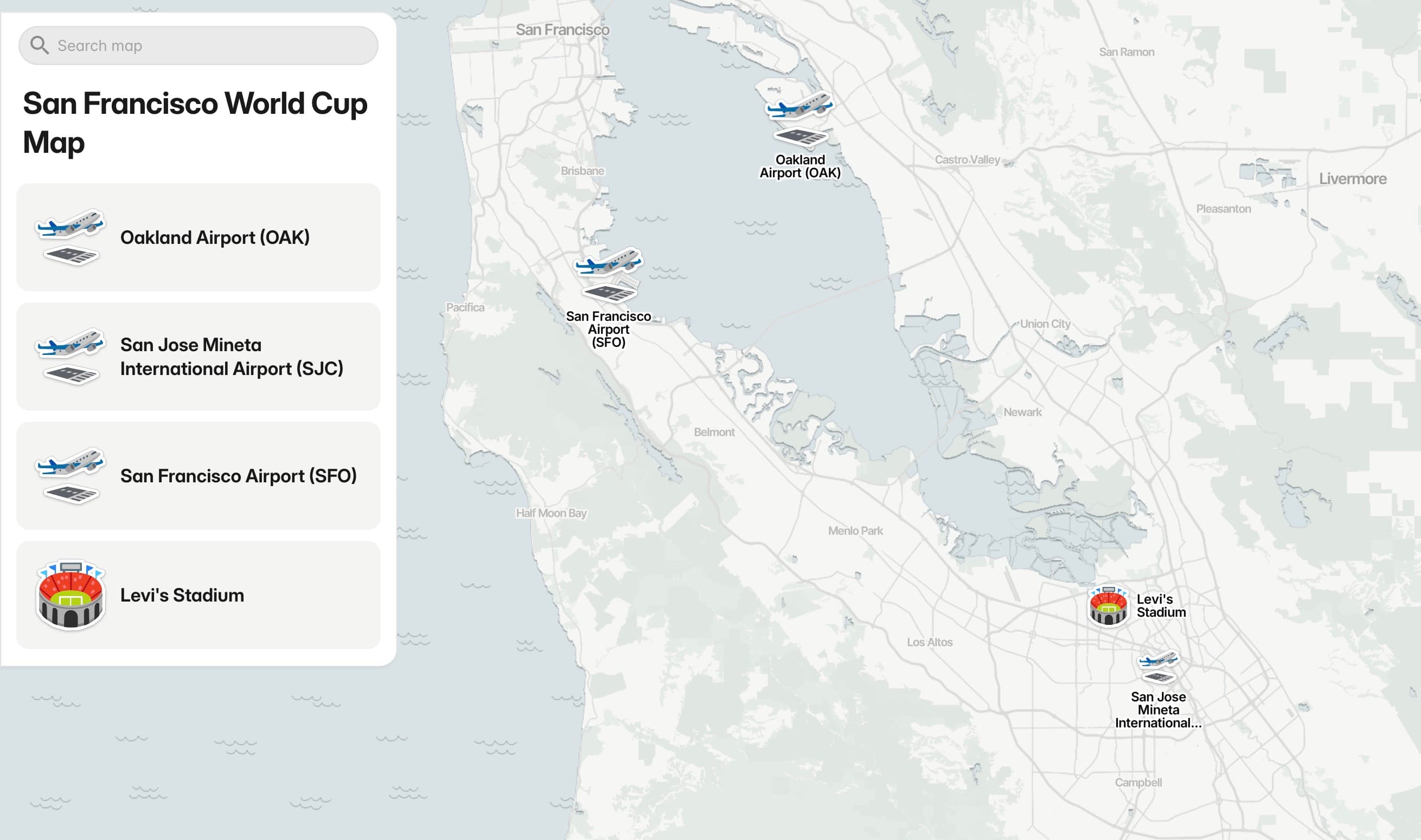San Francisco Bay Area World Cup map