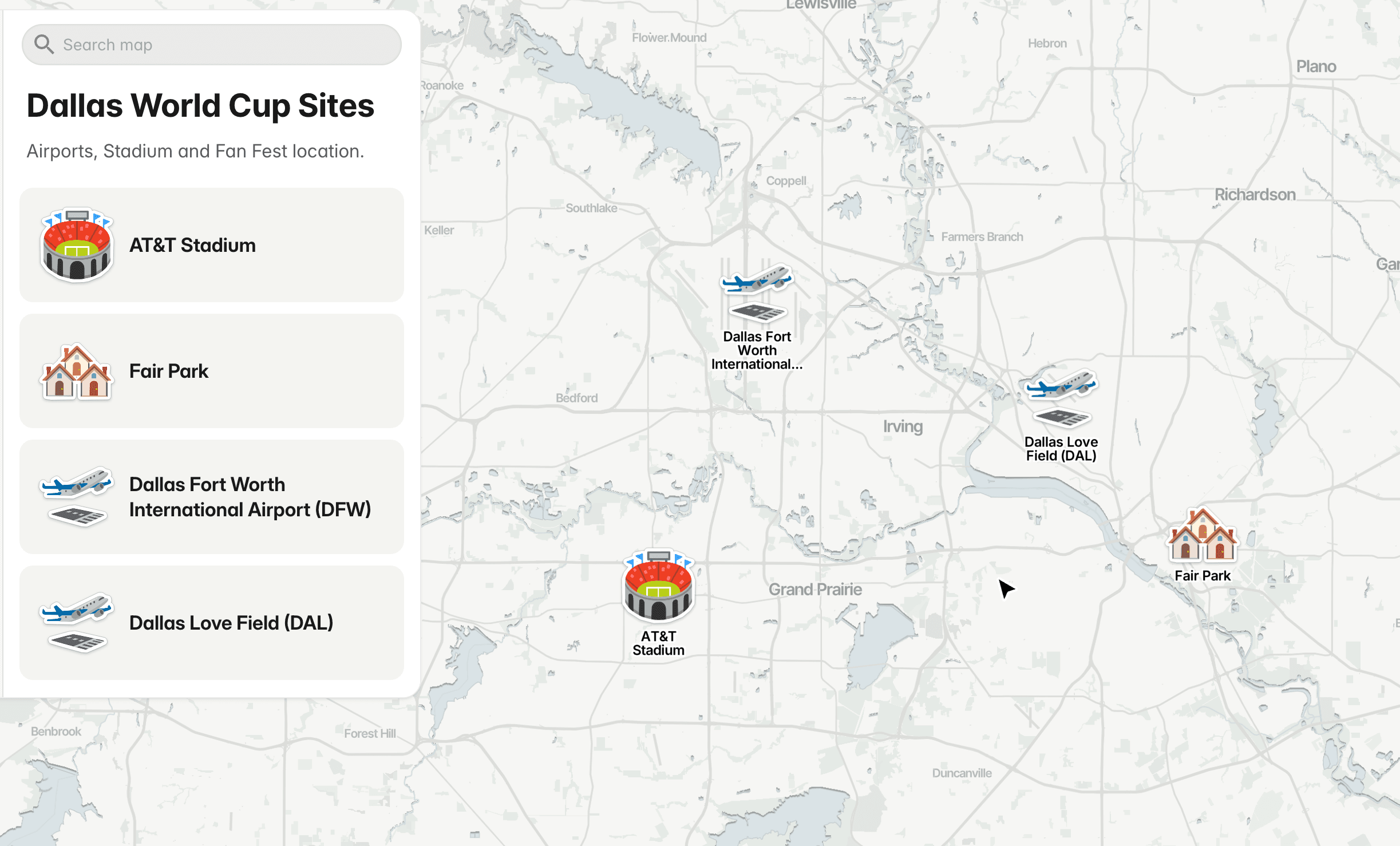 Dallas World Cup map
